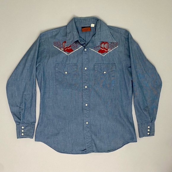 Vintage Westerner Pearl Snap, Chambray, Embroidered, Shirt, Large 16-16 1/2 - Picture 1 of 5